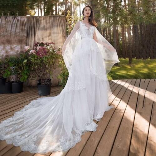 UZN BOHO Ivory A Line Tiered Lace Wedding Dress V neck Shawl Sleeves Beading Tulle Bridal Gown Sexy Illusion Brides Dress