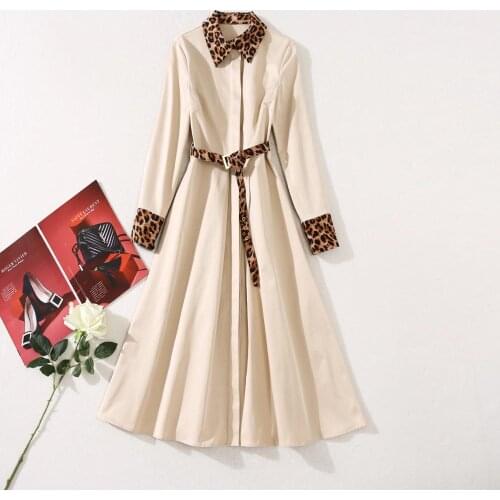 European and American Womens Wear 2020 Winter New Style Long Sleeve Lapel Lace-up Fashionable Leopard Print Patchwork Dress