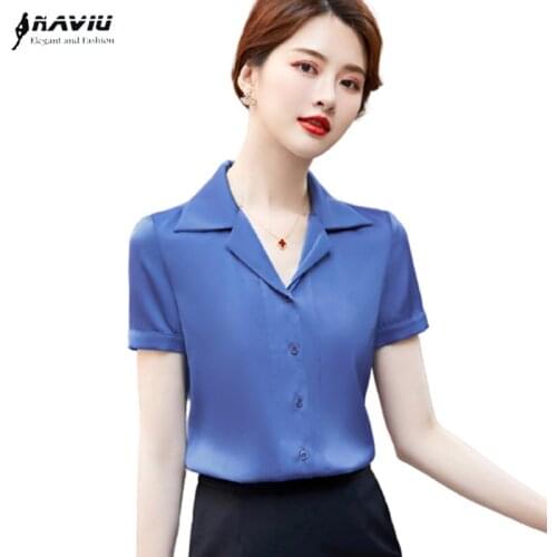 Naviu 2021 New Fashon V Neck Shirt Women Short Sleeve Chiffon Blouses Summer Tops For Office Lady Style Interview Wear
