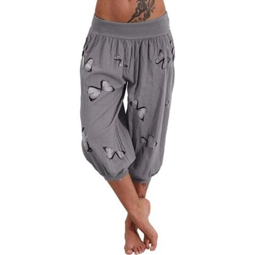 Women Capri Pants Summer Elastic Waist High Waist Fashion Butterfly Printed Buttons Female Harem Pant Streetwear Spring Pants