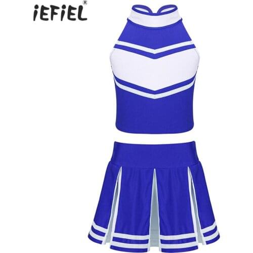 IEFiEL Kids Girls Cheerleader Costume Outfits School Cosplay Party Stage Performance Sleeveless Zippered Tops with Pleated Skirt