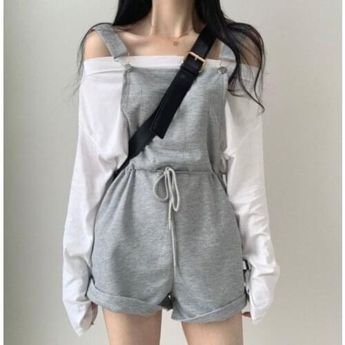 Womens Off-shoulder Casual All-match Waist Loose Loose Jumpsuit Shorts Bib + Long-sleeved Bottoming T-shirt Suit 2021