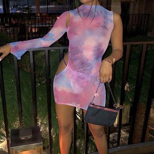 Hollow Out Slim Mini Bandage Vestidos Dress Hot Sexy Tie Dye Print Mesh Sheer Dress For Women 2021 Irregular One Shoulder Waist