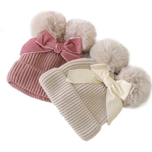 Baby Boys Girls Winter Pompom Hat Stripe Skullies Beanies Lovely Keep Warm Knitted Cap with Ribbon Bow Knot Infant Accessories