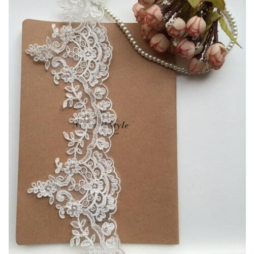 1yard /lot 11.5cm Export Quality Off White Flower Car Bone Lace Trim with Sequins DIY Wedding Veil Lace Accessory X754