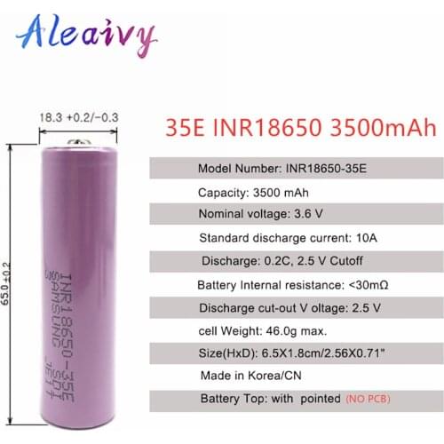 100% Original Made In Korea18650 3500mAh 20A Discharge INR18650-35E 3.7v 18650 Battery 3.7V Rechargable Battery (NO PCB)