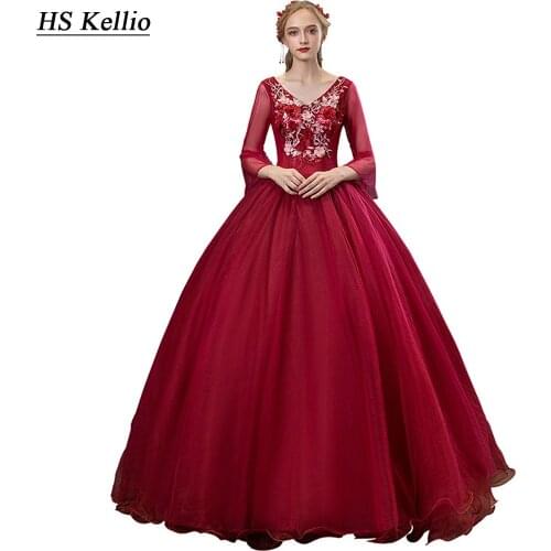 2020 Quinceanera Dress Burgundy 3/4 Sleeves Ball Gown Prom Dress For Girls Party