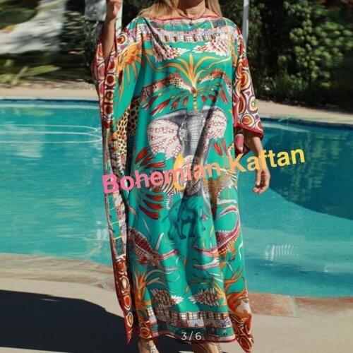 Africa Fashion Blogger Recommend Popular printed Silk Kaftan Maxi dresses Loose Summer Beach Bohemian kaftan long dress for lady