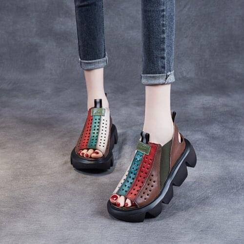 YourSeason Ladies Vintage Genuine Leather Shoes Elastic Band 2021 New Sewing Handmade Women Wedges Sandals Mixed Colors