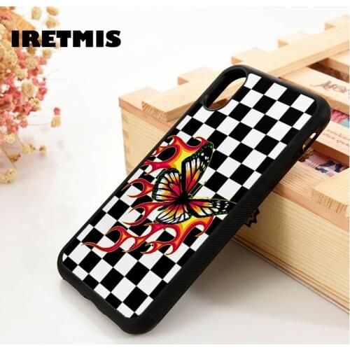 Iretmis 5 5S SE 6 6S Silicone Phone Case Cover for iPhone 7 8 Plus X Xs 11 12 MINI Pro Max XR Checkered Fire Flames Butterfly
