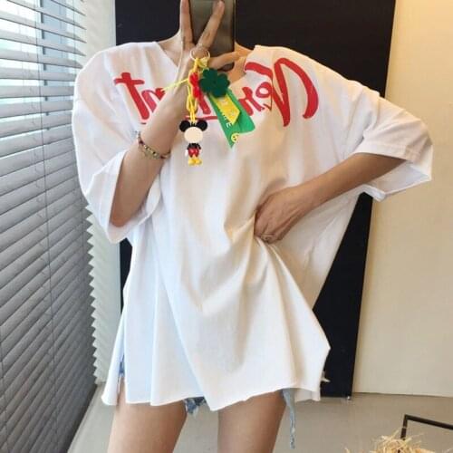 Korea Chic Summer Niche Wild Round Neck Hit Color Letter Printing Loose Side Slit Short-Sleeved T-Shirt Top