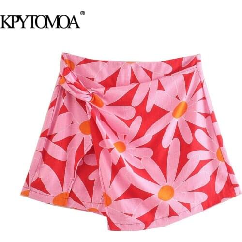 KPYTOMOA Women 2021 Fashion With Bow Tie Floral Print Shorts Skirts Vintage High Waist Back Zipper Female Skirts Mujer