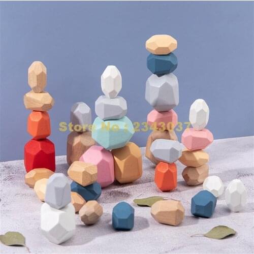 Colorful Wooden Geometric Stack Gem Rock Stone Balancing Educational Building Blocks Toy