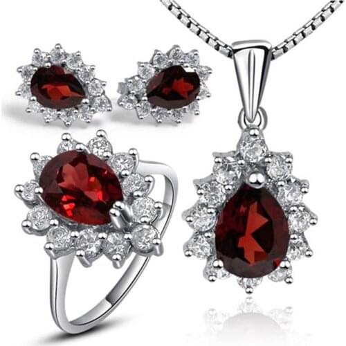 Fashion Water Drop Shape Silver Gemstone Jewelry Sets Natural Garnet Ring Pendant Necklace Earrings Solid 925 Silver Garnet Set