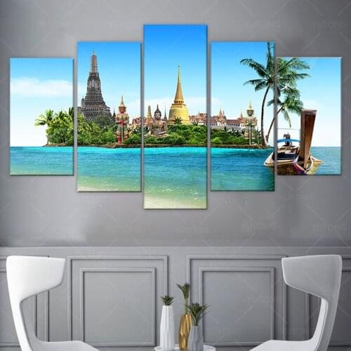 Modular Paintings Home Decor Frame HD Printed Canvas 5 Pieces Tropical Island Pictures Wall Art Thailand Pattaya Buddha Posters