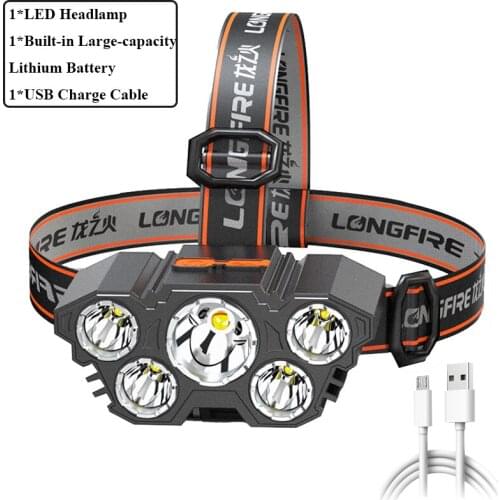 Five-cell Headlamp Super Bright Headlamp USB Rechargeable Fishing Headlamp Outdoor Camping LED Powerful Headlamp