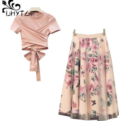 UHYTGF New women clothing summer skirt set Fashion Irregular T Shirt tops +printing Large swing skirt two-piece skirt sets 1469