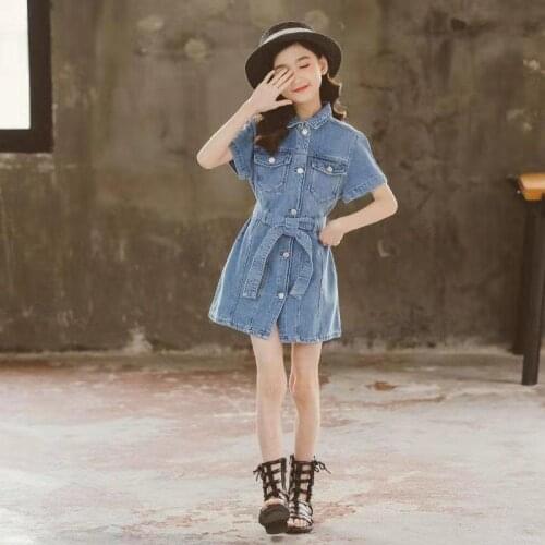 New Girls Denim Dress Teenager Girl Casual Dresses Kids Short Sleeved Dress Summer Girl Cotton Clothing size 5 7 9 10 11 12 13