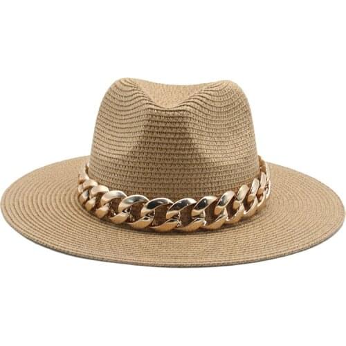 Sun hats men women straw handmade wide brim gold chain band belt women summer hats spring black khaki beach casual summer hats