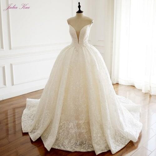 Julia Kui High-End Sexy Deep V-Neck Ball Gown Wedding Dresses Shiny Tulle Beaded Crystals Court Train Bride Dresses