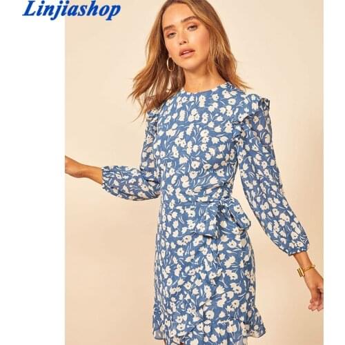 Vintage Floral Print Holiday Summer Dress Women Long Sleeve O-Neck Sweet Ruffle Dress Femme Chiffon Mini Robe