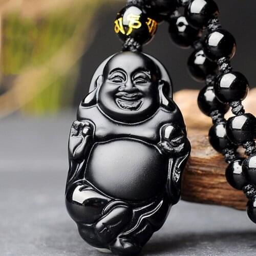 Natural Black Obsidian Buddha Pendant Fashion Boutique Jewelry Hand Carved Maitreya Necklace Mens and Womens Gift Accessories