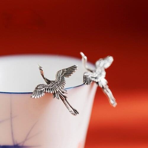 Vintage Silver Color Flying Crane Stud Earrings For Women Men 2021 New Jewelry Chinese Style Prolong life Good Lucky Jewelry