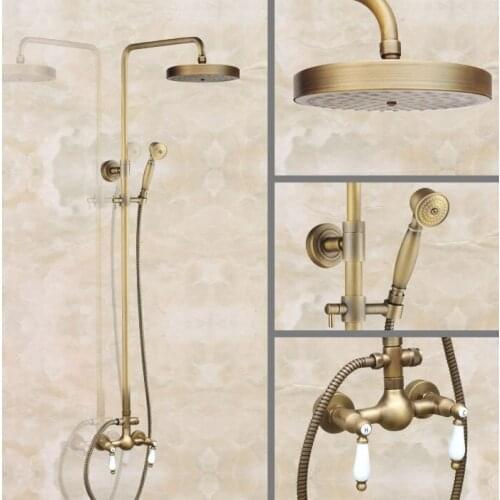 Vintage Antique Brass Wall Mounted 7.7" Rain Bathroom Rainfall Shower Faucet Set Double Handle Hand Spray Head Mixer Tap 2an114