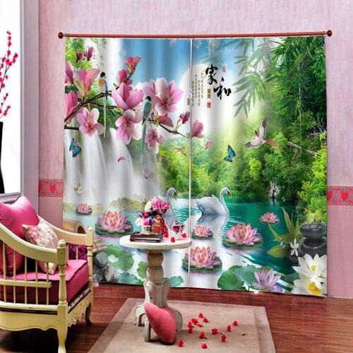 Chinese style Waterfall Lotus Curtain Custom 3D Living Room Bedroom Landscape scenery Painting Blackout Window Drapes Decor