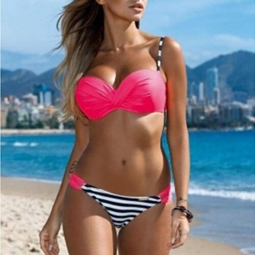 Women Sexy Bikinis Summer Beach Contrast Color Striped Two-Piece Suits Swimwear Push Up Bathing Suit Female Monokini Beachwear