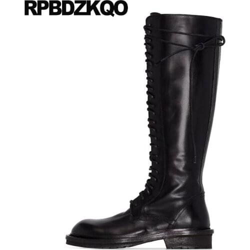 Fur round toe tall shoes equestrian long lace up warm riding women boots winter 2019 knee high handmade black genuine leather
