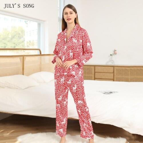 JULYS SONG Satin Silk Pajama Set 2 Pieces Women Autumn Animal Printed Loose Long-sleeved Casual Sleepwear Female Homewear