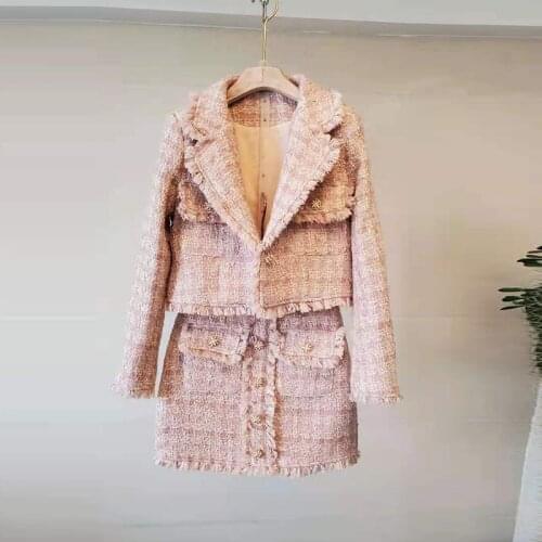 Pink Two Piece Set Women 2021 Spring New Lapel Fringed Long Sleeve Elegant Tweed Suit + Skirt Ladies Fashion Sweet Suit Women