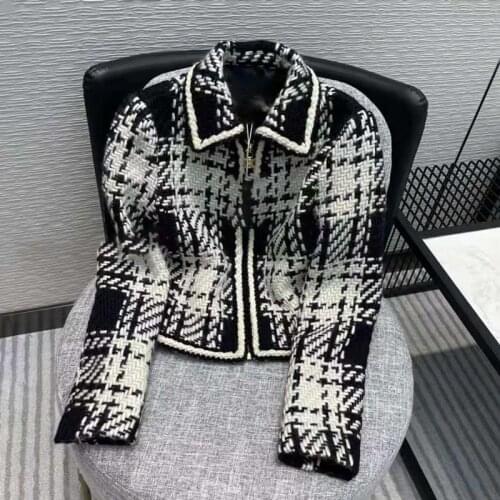 High Fashion Black White Plaid Short Doll Collar Single Breasted Short Top Designer Luxury Zipper Cardigan Jacket Top Fll Winter