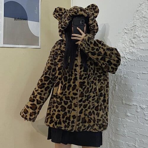 Harajuku Winter Streetwear Womens Leopard Print Coat Girls Velvet Fleece Loose Thicken Students Female Outwear Coat