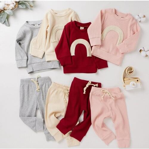 0-2Yrs Baby Girls Rainbow Clothes Set Cotton Kids T-Shirt Tops Pants 2Pcs Spring Infant Boys Clothing Suits