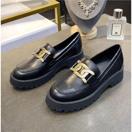 2021Women Flats Shoes Real Leather Loafers Fashion Metal Buckle Platform Casual Shoes Woman Office Leather Shoes Lady Footwear