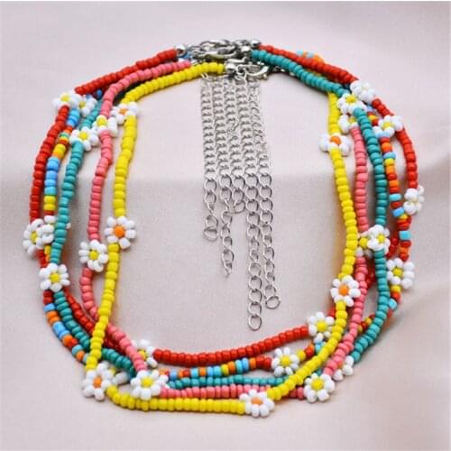 Bohemian Summer Colorful Seed Bead Flower Choker Necklace Statement Short Collar Clavicle Chain Necklace For Women Jewelry Gift