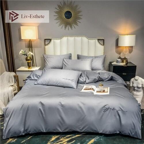Liv-Esthet Gray 100% Cotton Embroidery Bedding Set High Quality Bed Linen Set Queen King Duvet Cover Pillowcase Flat Sheet 4pcs