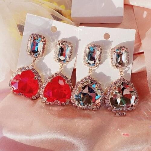 Korean Fashion Red Heart Crystal Drop Earrings For Women Girls Elegant Square Rhinestone Brincos Party Jewelry Gifts