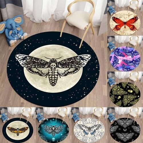 Death Moth Carpets for Living Room Area Rug Gothic Skull Round Carpet Floor Mat Butterfly Moon Star Carpet Polyester Rug Mat
