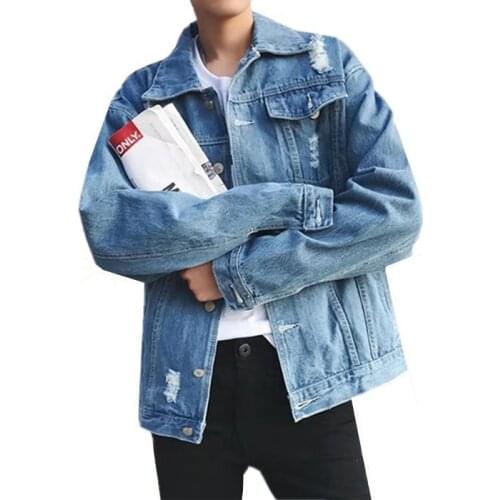 Hole denim jacket autumn New men Single-breasted loose jeans coats mens Solid color Locomotive denim jacket Washed jacket Top