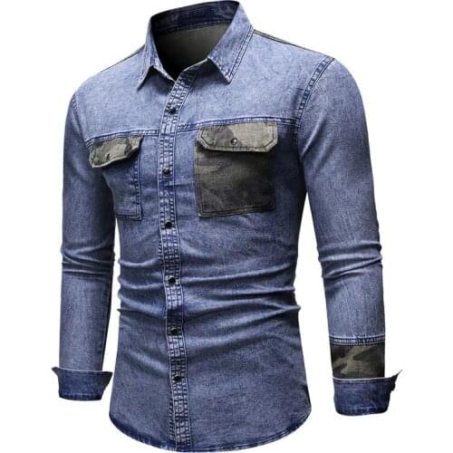 2019 Autumn Jeans Shirt Men Casual Camouflage Patchwork Long Sleeve Shirts Men Top Quality Mens Denim Shirts Streetwear