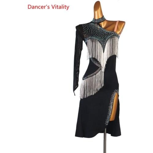 Latin Dance Dress Split Long Skirt Diamond-Studded Performance Clothes Profession Custom Female Child Adult Competition Clothing