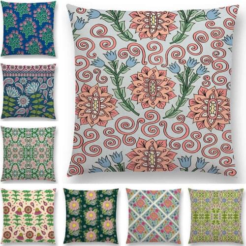 Boho Colorful Plants Pillow case Leaf Rainbow Flowers Blossom Paisley Floral Garden Frost Pattern Mandala Cushion Cover