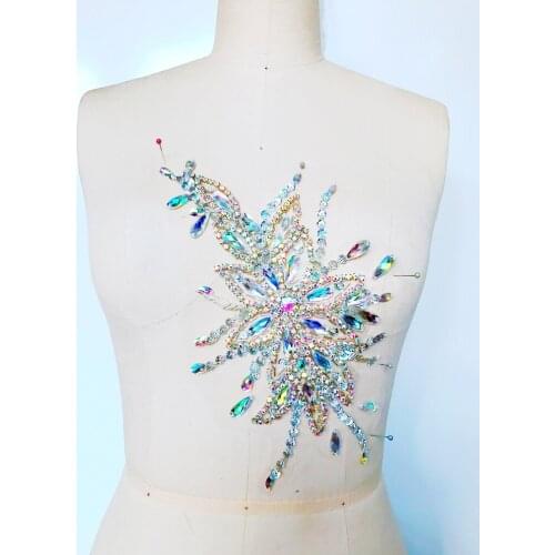Handmade sew on rhinestones applique clear AB colour crystals trim patches 28*16cm for dress DIY Manual accessories