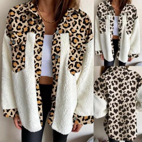 Plush Stitching Long Sleeve Shirts Womens Winter Fashion Leopard Print Turn-down Collar Blouses Woman