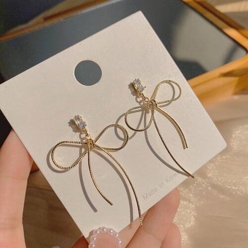 S925 Silver Needle Crystal Bow Metal Earrings Long Korean Temperament Earrings