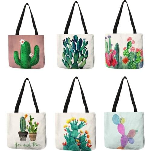 2018 Fashion Hot Watercolor Plant Linen Bag With Cactus Print Multi Use Tote Bag Shopping Bags For Women Lady