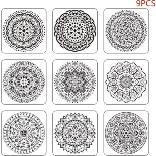 9pcs/set Mandala Stencil Drawing Template for Tile Floor Painting Board Album